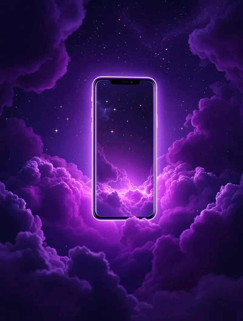 高清视频APP界面概念图，深紫星云背景中悬浮的手机屏幕